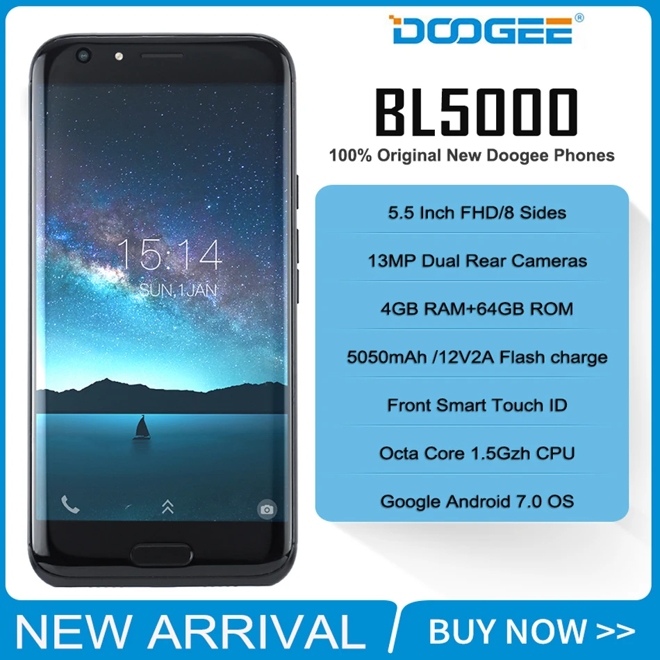 Original Doogee BL5000 Mobile Phone 4GB RAM 64GB ROM 5050mah Quick Charge 13MP Front Touch ID MT6750T 4G Smartphone In Stock
