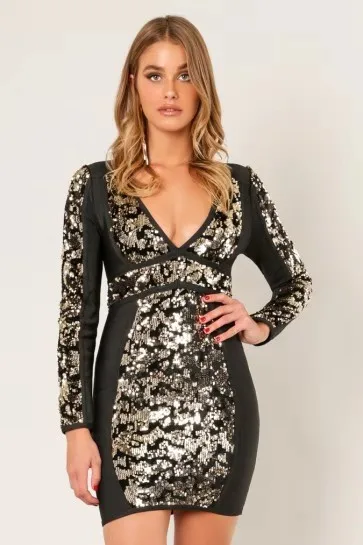 Evening Party New Style Fashion Sexy Women Bandage Dress Sequined Deep V-neck Long sleeve celebrity body con dresses wholesale | Женская