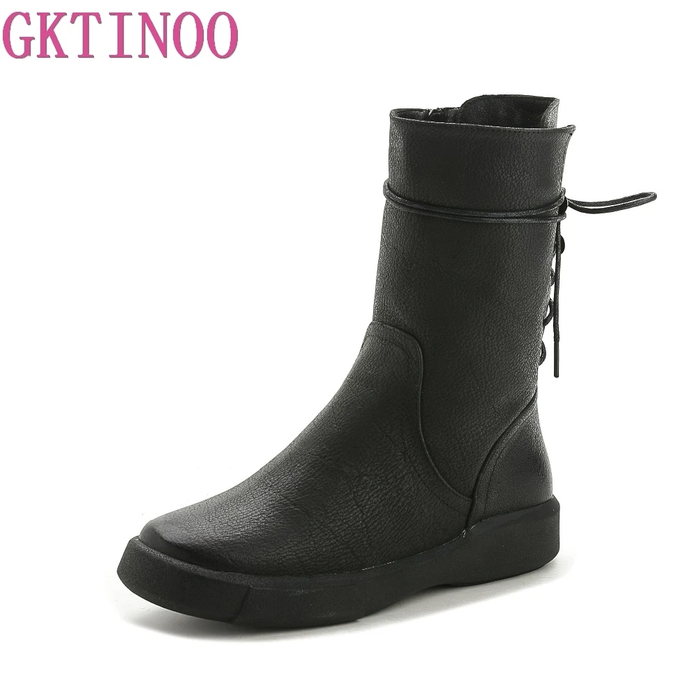

GKTINOO Women Ankle boots Shoes Genuine Leather Vintage Zip Ladies Motorcycle Boots Flat Boots Female Snow Boot Short Fur Winter