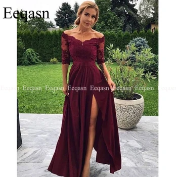 

2020 Burgundy Prom Dresses Half Sleeve Lace Appliques Long Slit Vestido De Festa Satin Prom Dress for Women Evening Dress
