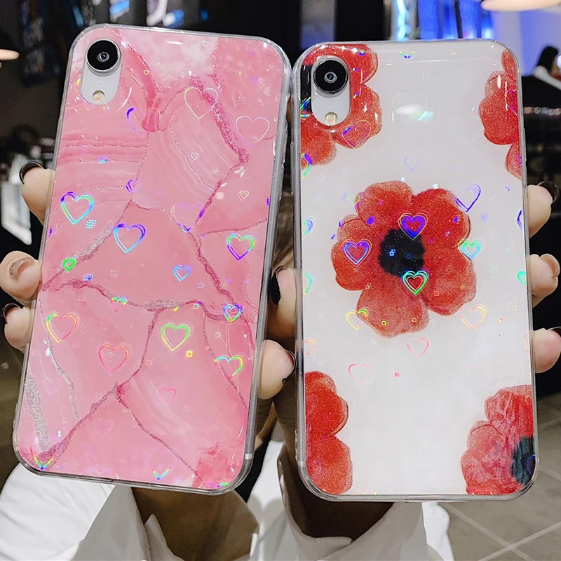 

Hyun flash love laser soft TPU Phone Case For iPhone X XS XR XS Max 8 7 6 6S Plus Beautiful wildflowers Silicon Protection Cover