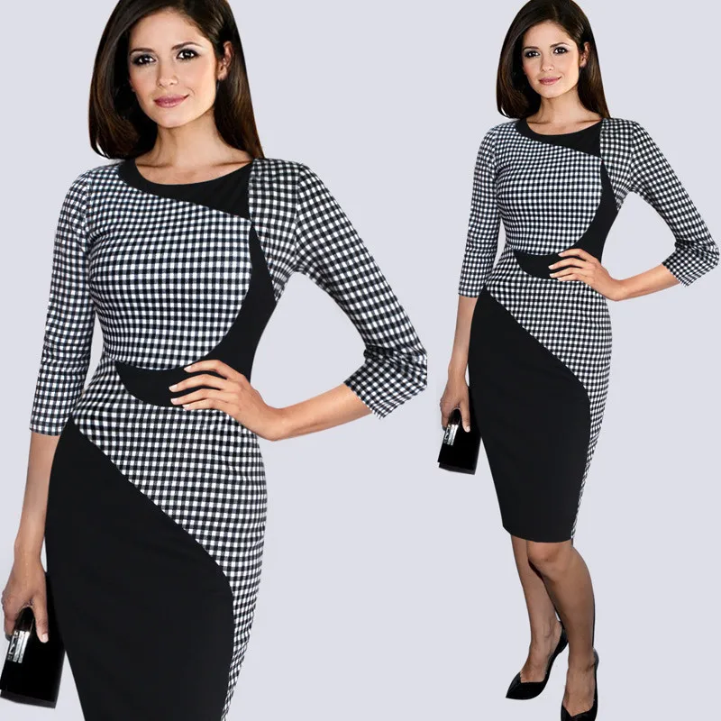 2016 Women s Dresses Colorblock Patchwork font b Tartan b font Check Plaid Wear to Work