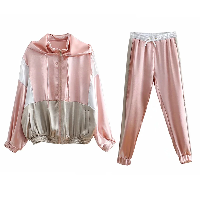 

Pink Women Patchwork Jacket Set Joggers Stain Silk Ladies Hoodies Set 2019 Spring Chic Oversize Bling Girl Two Piece Set Clothes