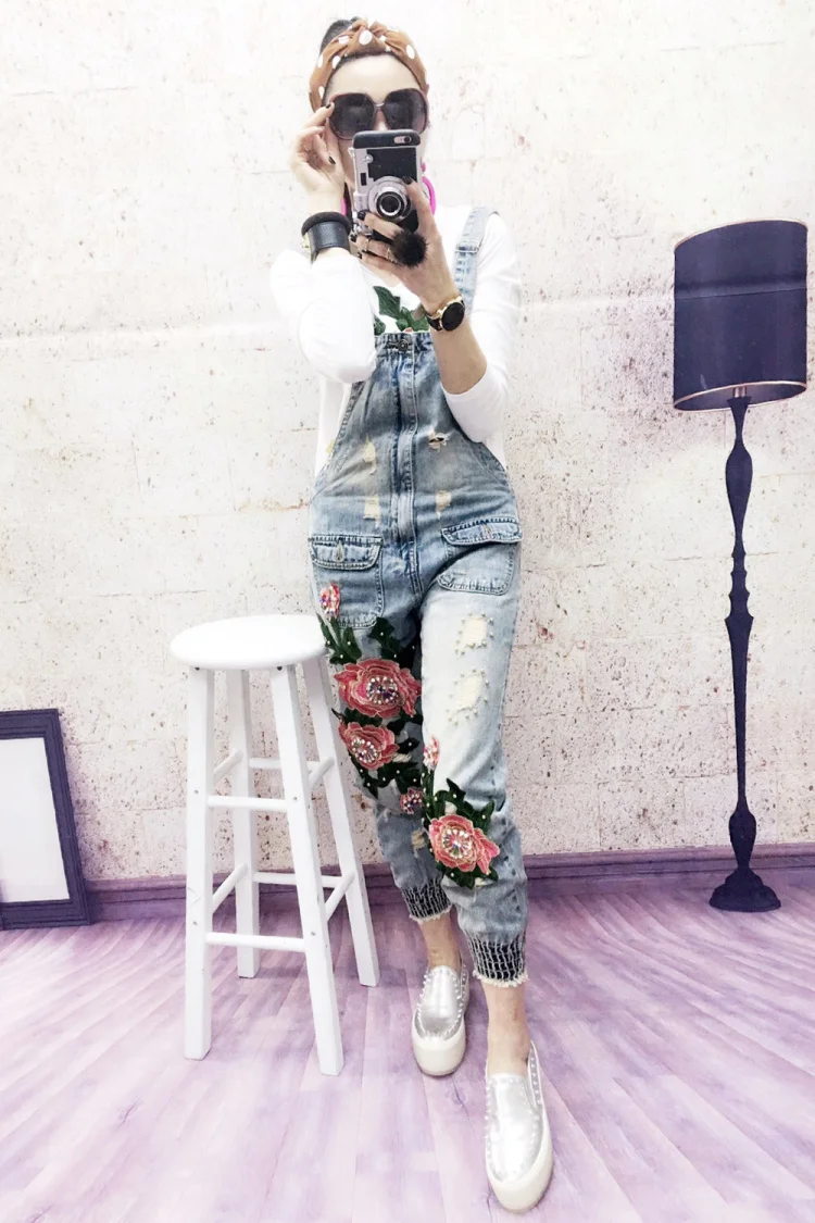 Весенне-осенний джинсовый комбинезон с вышитыми бусинами цветами и ...