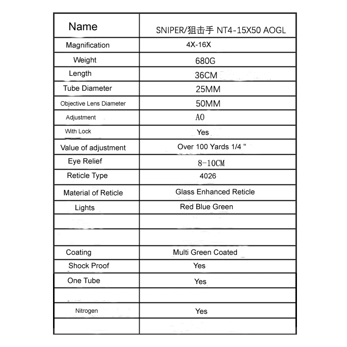 Sniper NT 4-16X50 AOGL полноразмерная стеклянная сетка оптические прицелы оптический охотничий прицел с подсветкой RGB