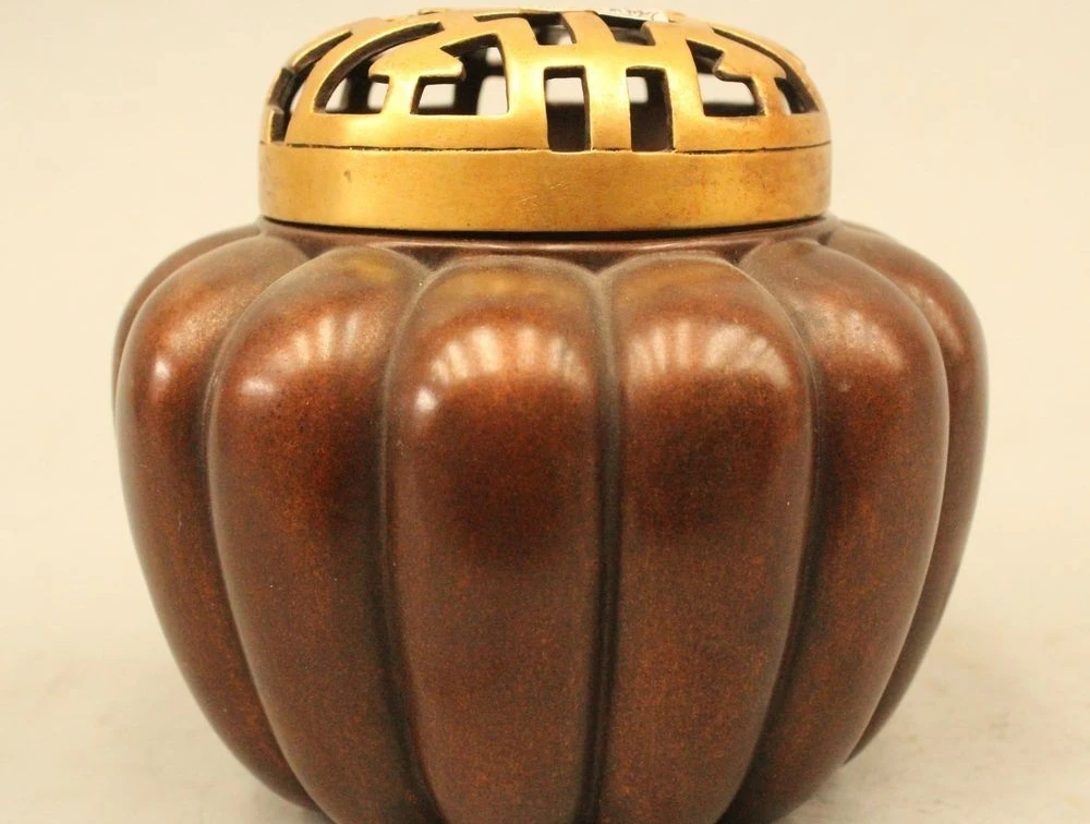 

5" Marked Chinese Dyansty Palace Bronze 24K Gold pumpkin Incense Burner Censer