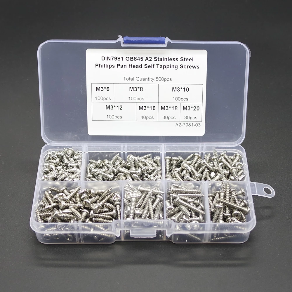 

NEW High quality 500pcs M3 stainless steel 304 around head pan head Self tapping screw combination package box Machine wood