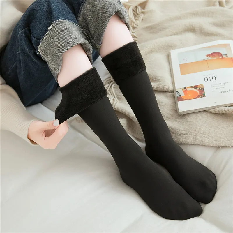 

CHRLEISURE Snow Socks Women Plus Velvet Solid Warm Long Sock Elastic Straight Force Thick Solid Socks Female