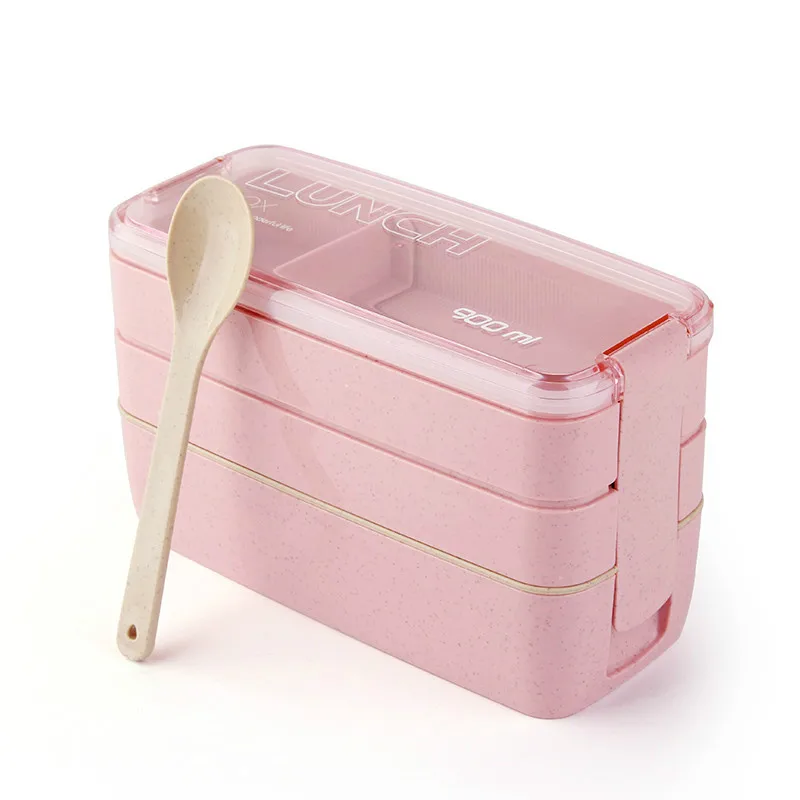 

3 Layer Creative Plastic Lunch Boxes 900ml Food Microwave Bento Box For Student Portable Food Storage Lunch Case Picnic Pink