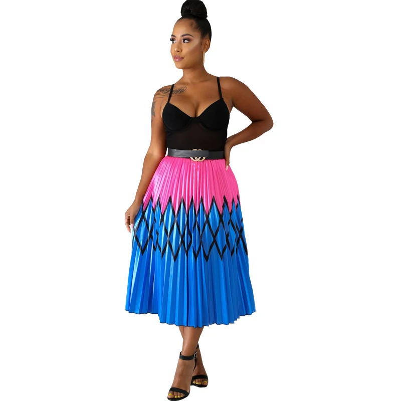 Летняя новая женская разноцветная юбка с принтом, большая свободная плиссированная юбка, городская Повседневная плиссированная многослойная юбка - Цвет: 91A8137-6