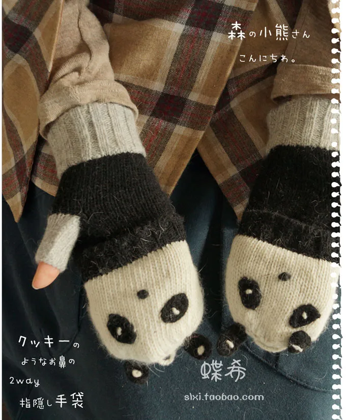 Зима Лолита Kawaii мультфильм милый медведь Лев Зимняя шерстяная одежда перчатки Для женщин японский половина палец теплые перчатки без