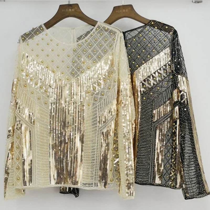 

Lace Tops Women's Fashion Luxury Beading Sequins Long Sleeve Blouse Shirts