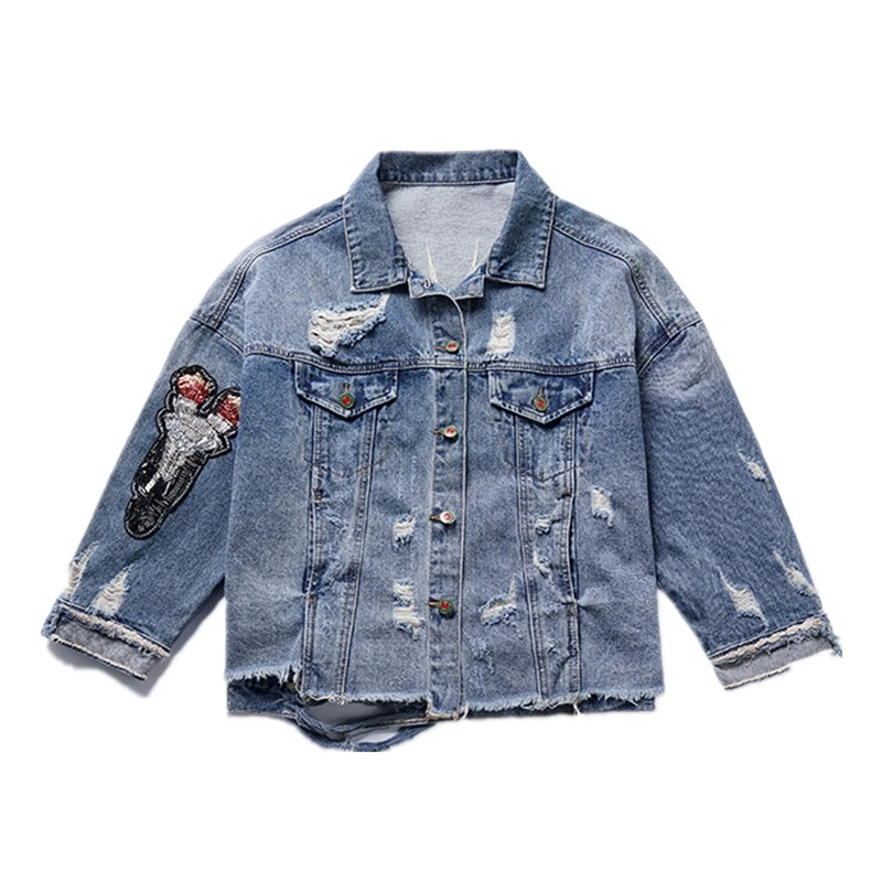 

2019 Boutique women's embroidery denim jacket new long-sleeved shirt sequins hole denim clothing loose comfortable jacket B025