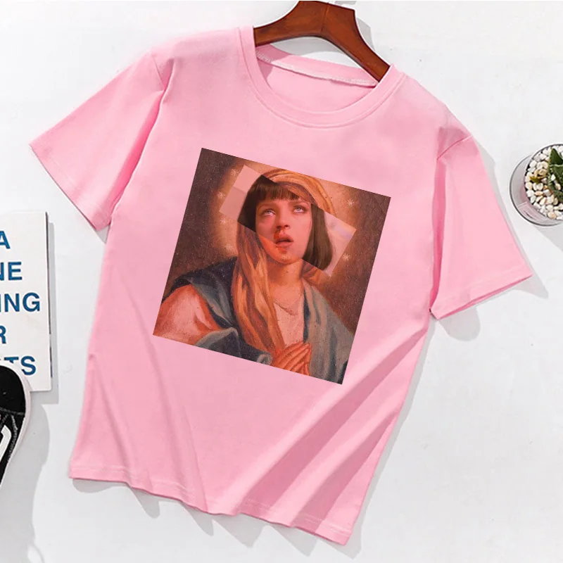 

Summer Spoof Harajuku Pink Tshirt Women Fashion Funny Mona Lisa Cartoon Print Womens Tshirt Plus Size Women Tees Camisetas Mujer