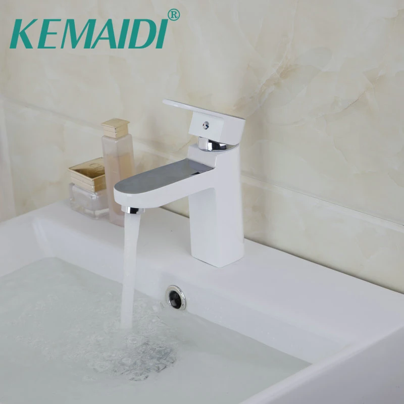 KEMAIDI White Painting Bathroom Sinks Faucet Deck Mounted Mixer Basin Tap Solid Brass Bathroom Sink Faucet Concise Style