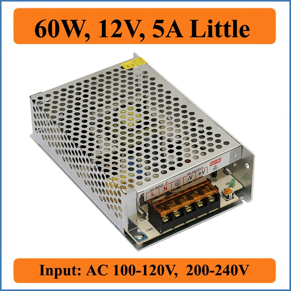 

60W 12V 5A Little Switching Power Supply AC 100-240V to DC 12V 5000mA Transformer for LED Strip light display or CCTV Camera