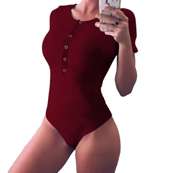 

Hot Summer Ladies Slim Bodysuit Beach Short Sleeve V-neck Casual Solid Top Jumpsuit With Button Women Breathable Sexy Rompers