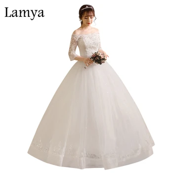 

Lamya princess plus size wedding dress with lace sleeves boat neck 2017 women ball gown vestidos de novia