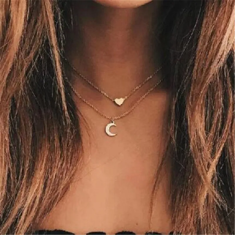 

Ahmed Bohemia Gold Color Heart Moon Pendant Necklaces for Women Charm Double Layer Necklace Easter Day's Gift Jewelry