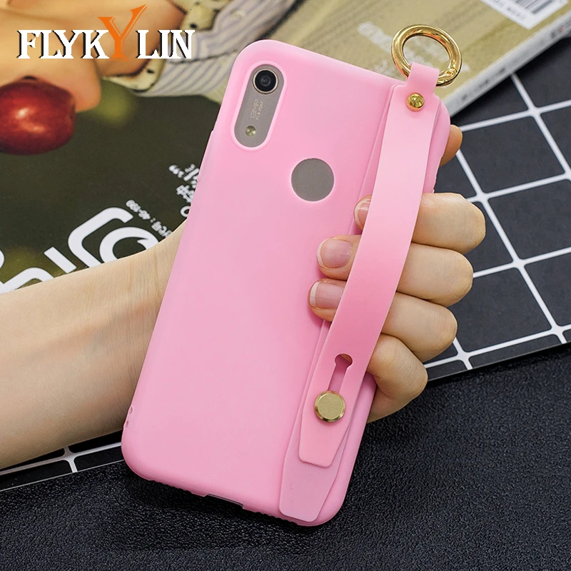 

FLYKYLIN Candy Color Case For Huawei Y6 2019 Back Cover on Y5 Prime 2018 Y7 Y9 2019 Soft Silicone Wrist Strap Phone Coque Skin