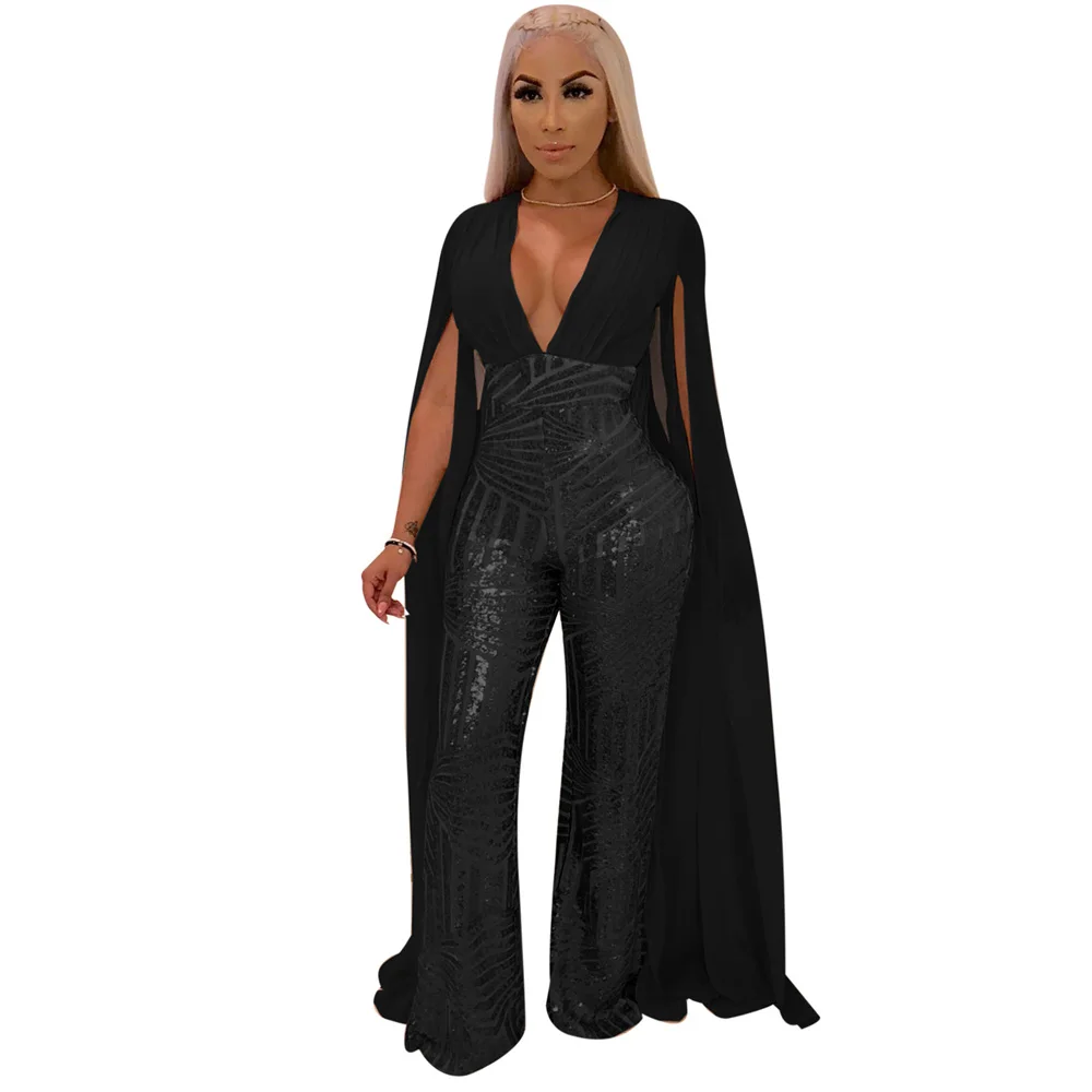 Plus Size Cape Split Extra Long Sleeve Sequins Jumpsuit Women Backless V Neck Night Club Party Romper Sexy See Through Overalls