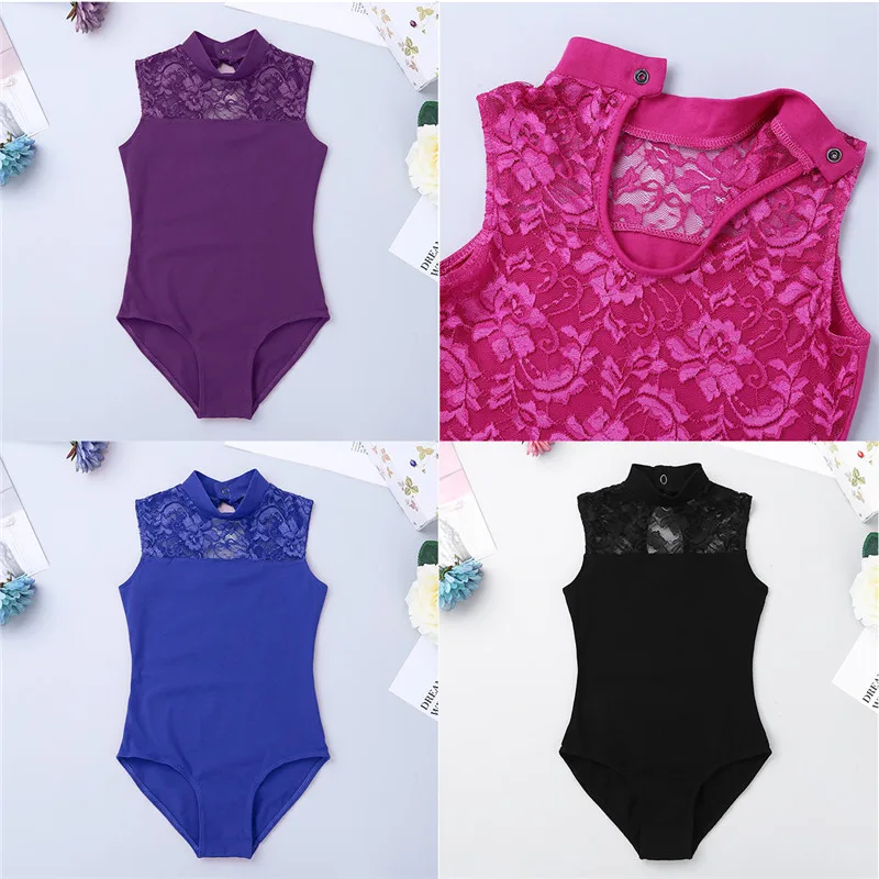 TiaoBug Kids Girls Ballet Dance Gymnastics Leotard Lace Turtle Neck Lace Back Sleeveless