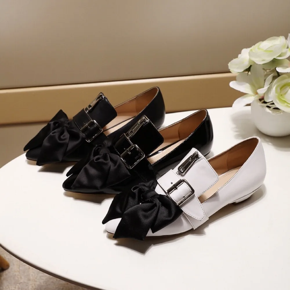 

Kmeioo Hot Sale Genuine Leather Shoes Woman Knot Flats Pointed Toe Women Loafers With Buckle Dress Shoes White Black