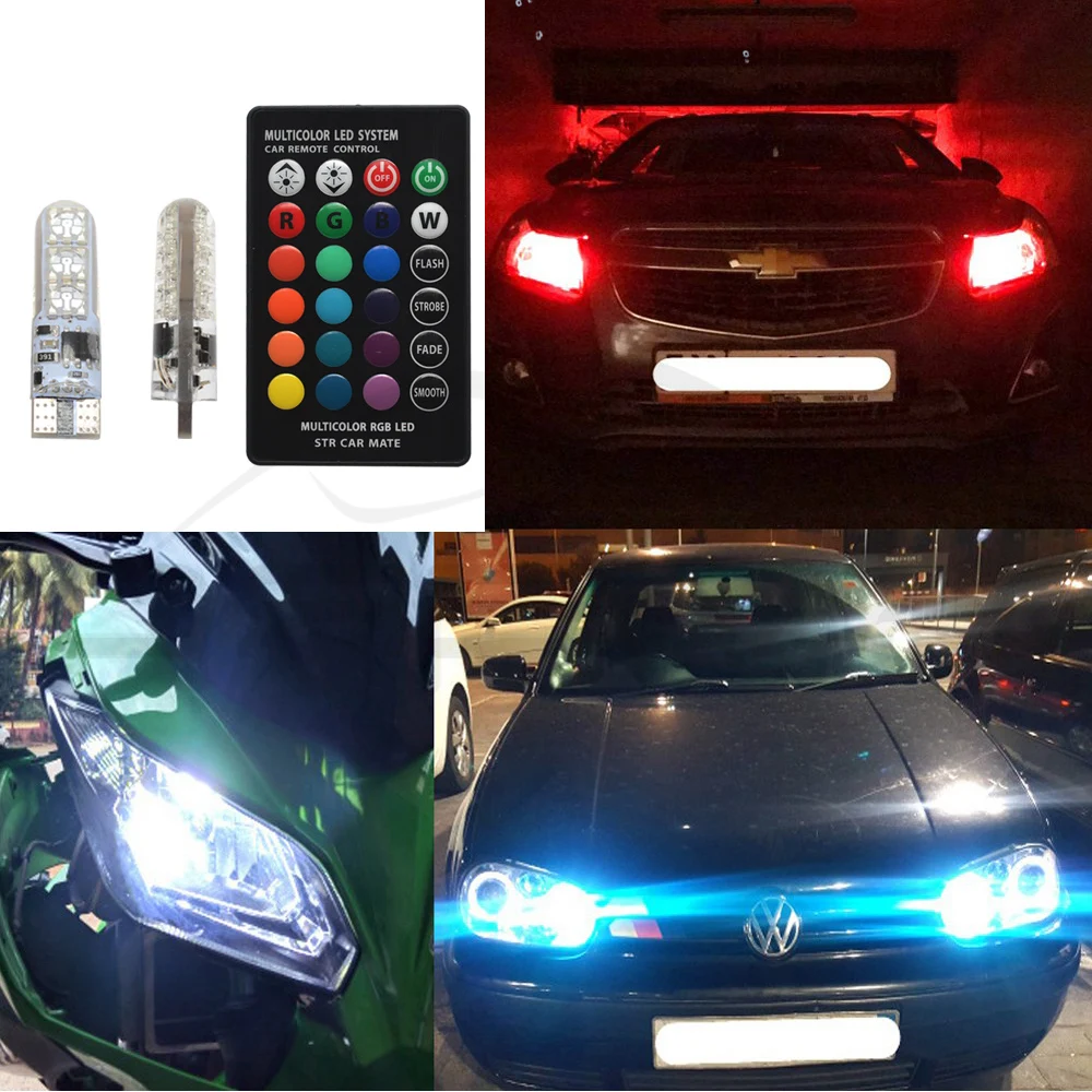 Hviero 2X T10 Silica Gel RGB w5w LED with Remote Controller RGBW 501 194 168 6SMD 5050 Strobe Car Wedge Side Light DC 12V Car Bulbs