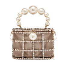 Bolso de noche Vintage con perlas para mujer, con agujeros de Metal, con diamantes, para banquete, fiesta, hombro y bandolera, bolso de mano tipo jaula para boda