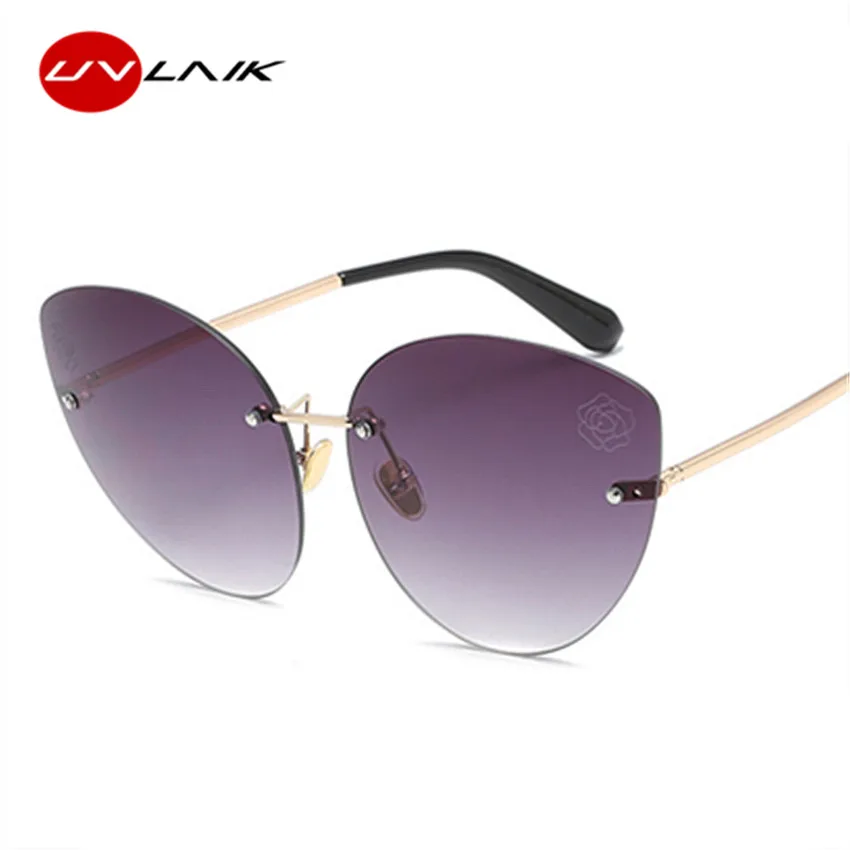 

UVLAIK Rimless Sunglasses Women Cat Eye Transparent Metal Frame Sun Glasses Vintage Oversized Gradient Cutting Flower Sunglass
