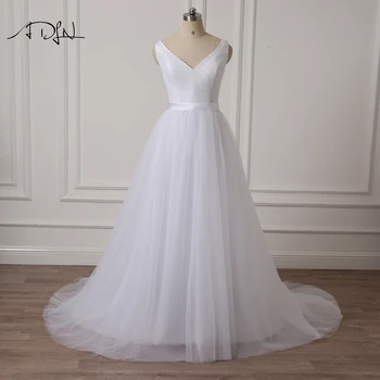 

ADLN V-neck Sleeveless A-line Wedding Dresses with Pleats Simple Cheap White/Ivory Tulle Bridal Gown Plus Size