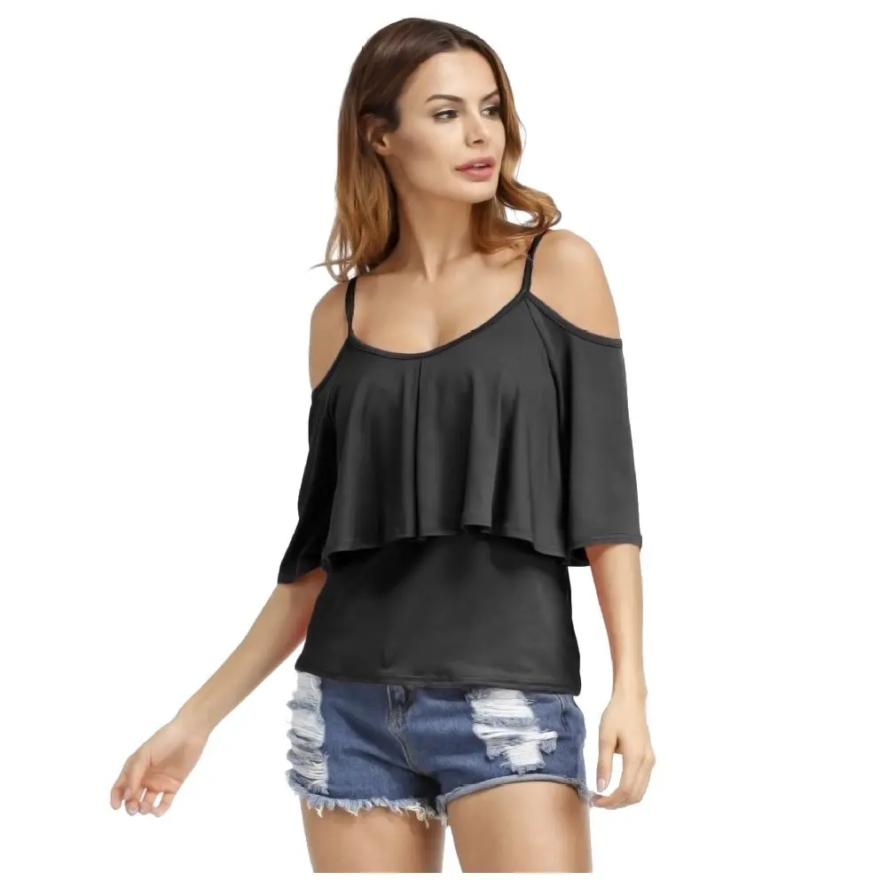 Women Summer Casual Solid Spaghetti Strap Off Shoulder Tops Female T
