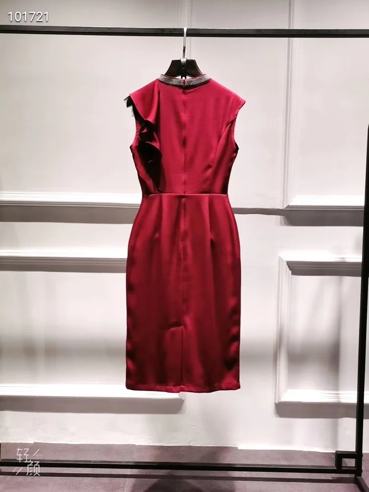 Vestidos De Festa летние модные вечерние коктейльные женские платья с кристаллами и бисером, с воротником-стойкой и рюшами, облегающее платье-футляр винно-красного, черного цвета