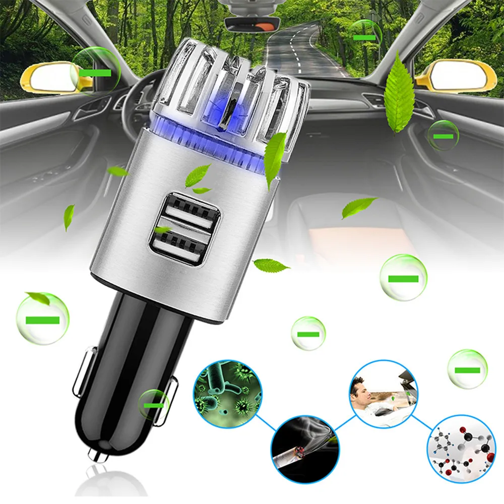

2 in 1 Car Dual USB Fresh Air Ionic Purifier Oxygen Bar Ozone Ionizer Smoke Generator For Cars Cleaner Car Air Ionizer