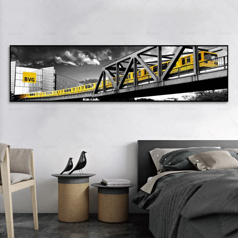 

Nordic Black and White City Landscape Canvas Painting Yellow Car Train Poster and Print Wall Picture For Living Room Home Decor