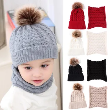

1Set Children Winter Knitted Hat Warm Soft Scarf Plush Ball Beanies Cap YJS Dropship