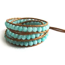 Новое поступление 6 мм амазониот камень бисера кожа 5x обертывание браслет для мужчин и женщин ручной работы бисерный браслет-Наруч лучший подарок