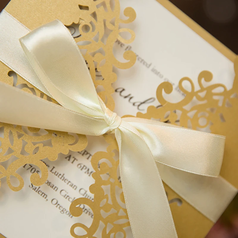  10 Kits Blank Inside Print Gold Laser Cut Invitations Cards Paper Customize Fold Ribbons Bow Weddin - 32867725309