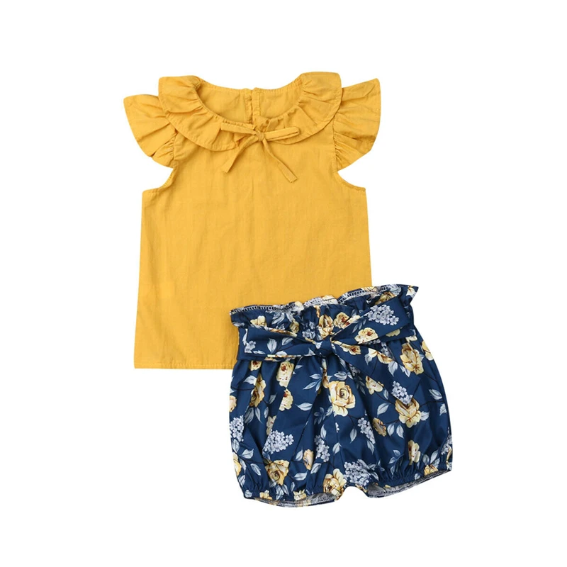 

2019 Brand New Newborn Kids Baby Girl Solid Tops T-shirt Floral Shorts Clothes Set Summer Baby Girl Outfit Clothes 0-24M