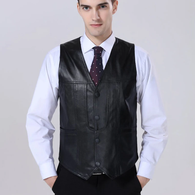 

New Arrival 2018 Genuine Leather Vests Sleeveless Leather Jacket Men Sheepskin V-Neck Single Breasted Thin Waistcoats D069