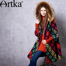 ARTKA, Женская куртка, пальто, верхняя одежда с капюшоном,, зимняя куртка, женское осеннее пальто, шерстяной кардиган, Женская клетчатая Меховая куртка, FA10561D