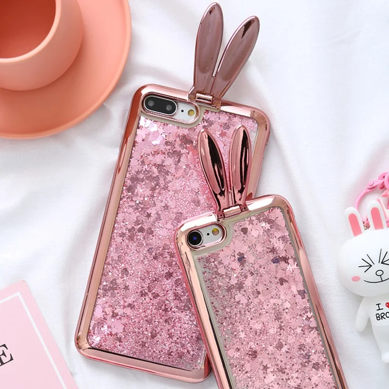 

Rabbit Ears Glitter Liquid Quicksand Case for Galaxy S 9 8 7 6 Edge Plus note8 Ears Bracket Phone Back Soft Silicone Cover Funda