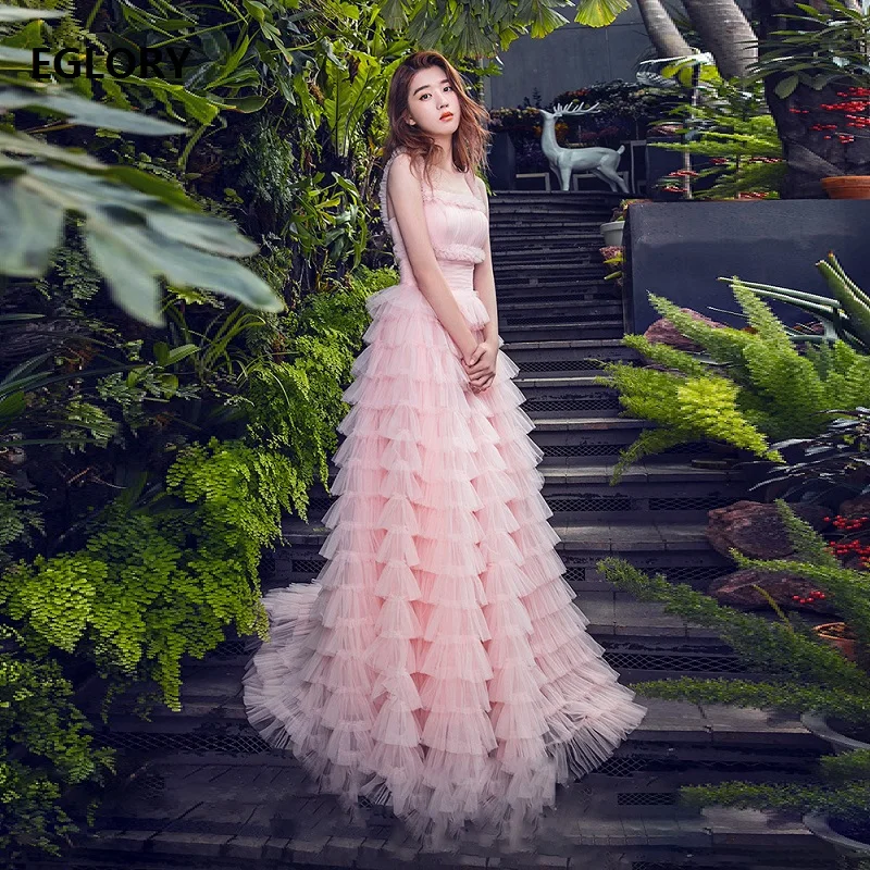 

Pink Long Dress 2019 Spring Summer Sweet Ladies Ball Gown Dress Girls Spaghetti Strap Ruffle Cascading Party Maxi Dress Lolita