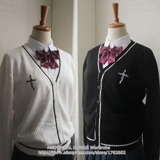 

Casual Cross Embroidery Japanese JK School Uniform Sweater Cute Pink Long Sleeve Open Cardigan Cosplay Winter White & Black