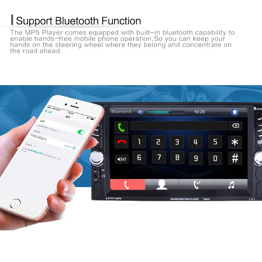 AMprmie 2 Din General Car Models 6.5'' inch LCD Touch Screen Car Radio Player Bluetooth Car Audio Support Rear View Camera 7625D