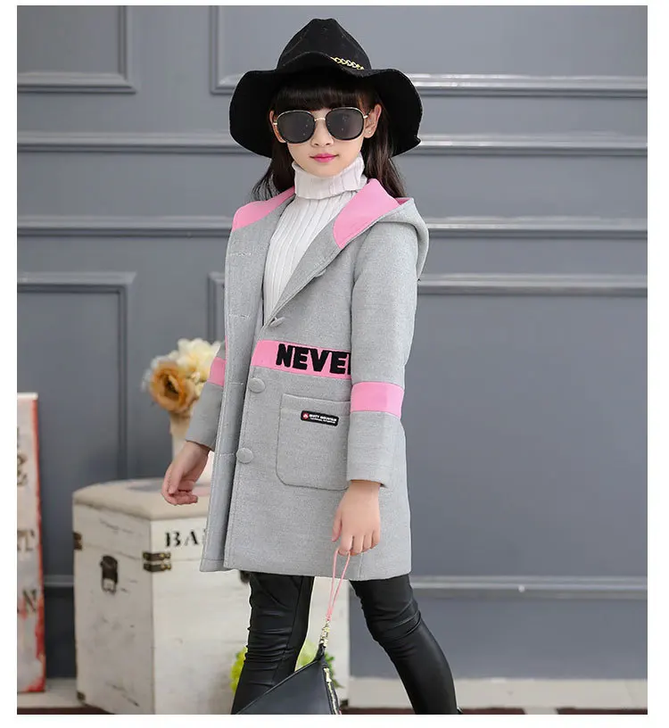 Мода письмо Шерстяное пальто для Обувь для девочек с капюшоном толстые зимние Детские пальто однобортная модель POCKTES Мужские парки манто Laine Enfant