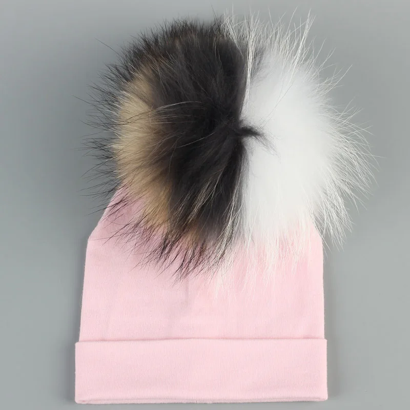 Осенние детские хлопковые шапки-бини, шапки с натуральным мехом, енотовый помпон для новорожденных девочек и мальчиков, Детские теплые простые хлопковые шапочки-бини - Цвет: Pink 3C-1