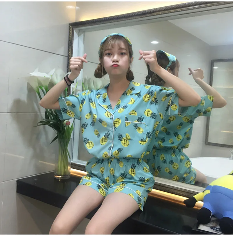 Kawaii принт комплект из двух предметов женские пижамы рубашка и шорты для женщин корейская мода свободные женские повседневное домашняя