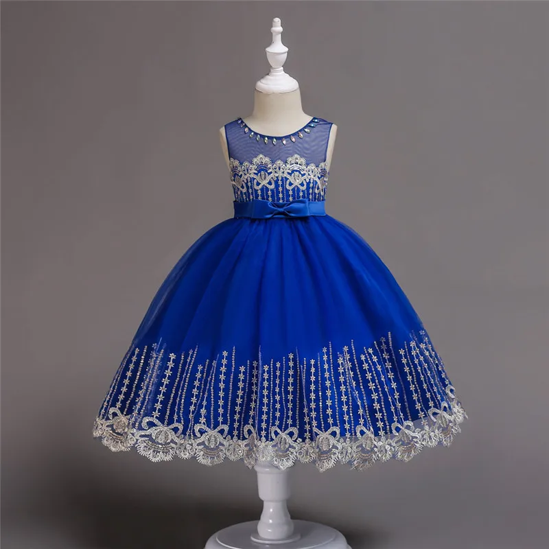 Кружевное расшитое блестками вышитая фата платье с цветочным рисунком для свадьбы; детские летние элегантные вечерние платья для дня рождения для девочек; Детские платья; BH-598 - Цвет: blue