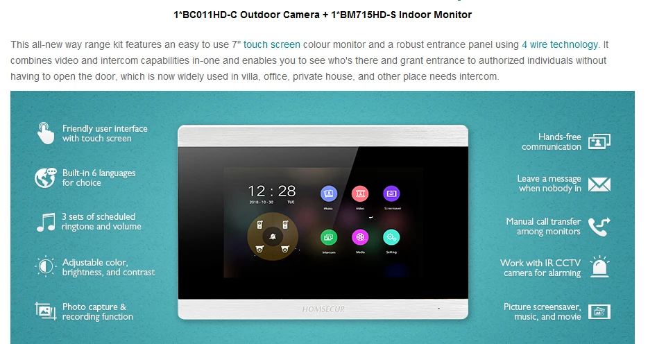 HOMSECUR 4 провода AHD Видео домофонов Интерком охранника с немым Функция BC011HD-C + BM715HD-S